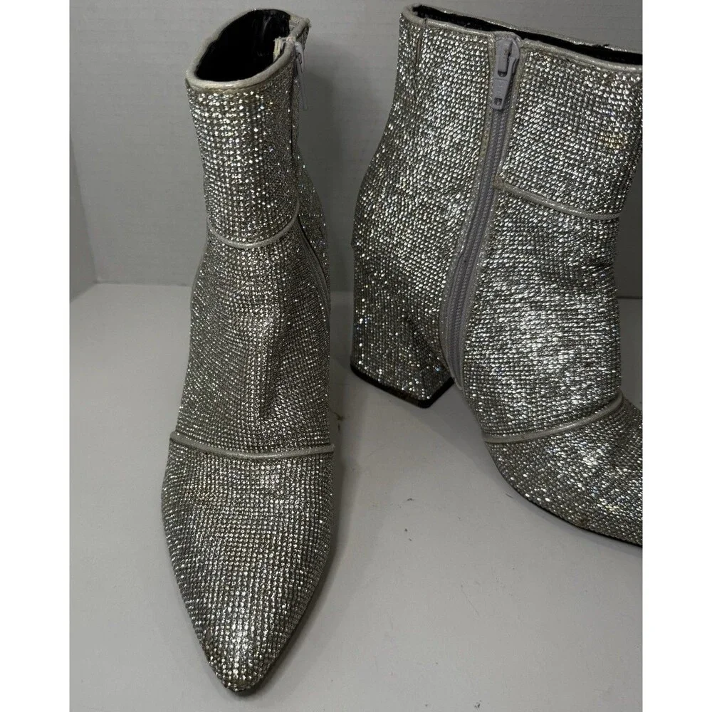 Sparkle Rhinestone Disco Ankle Boots Point Toe Block Heel Silver Women’s Size 8